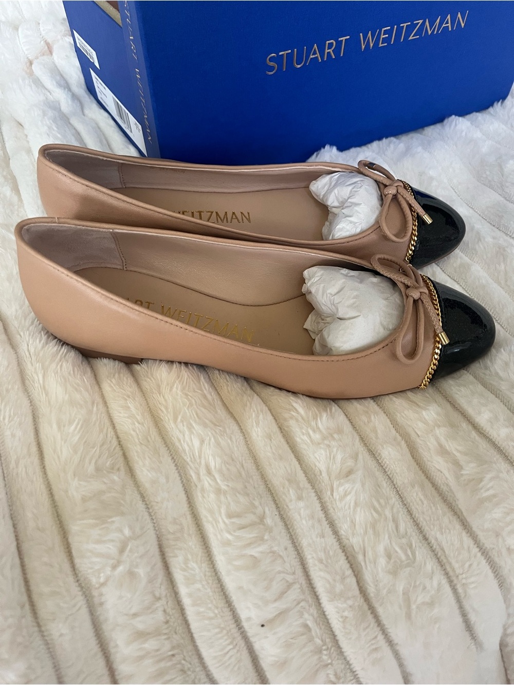 Stuart Weitzman Nude Leather Ballet Flats with Black Patent Cap Toe
